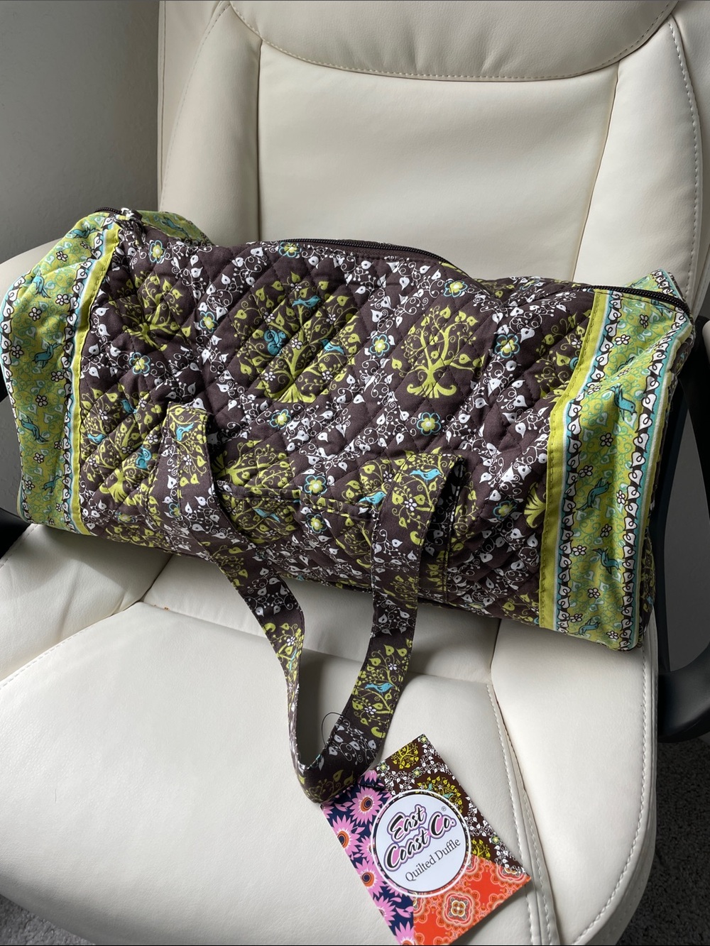 Quilted Travel Duffle in Brown and Lime Green